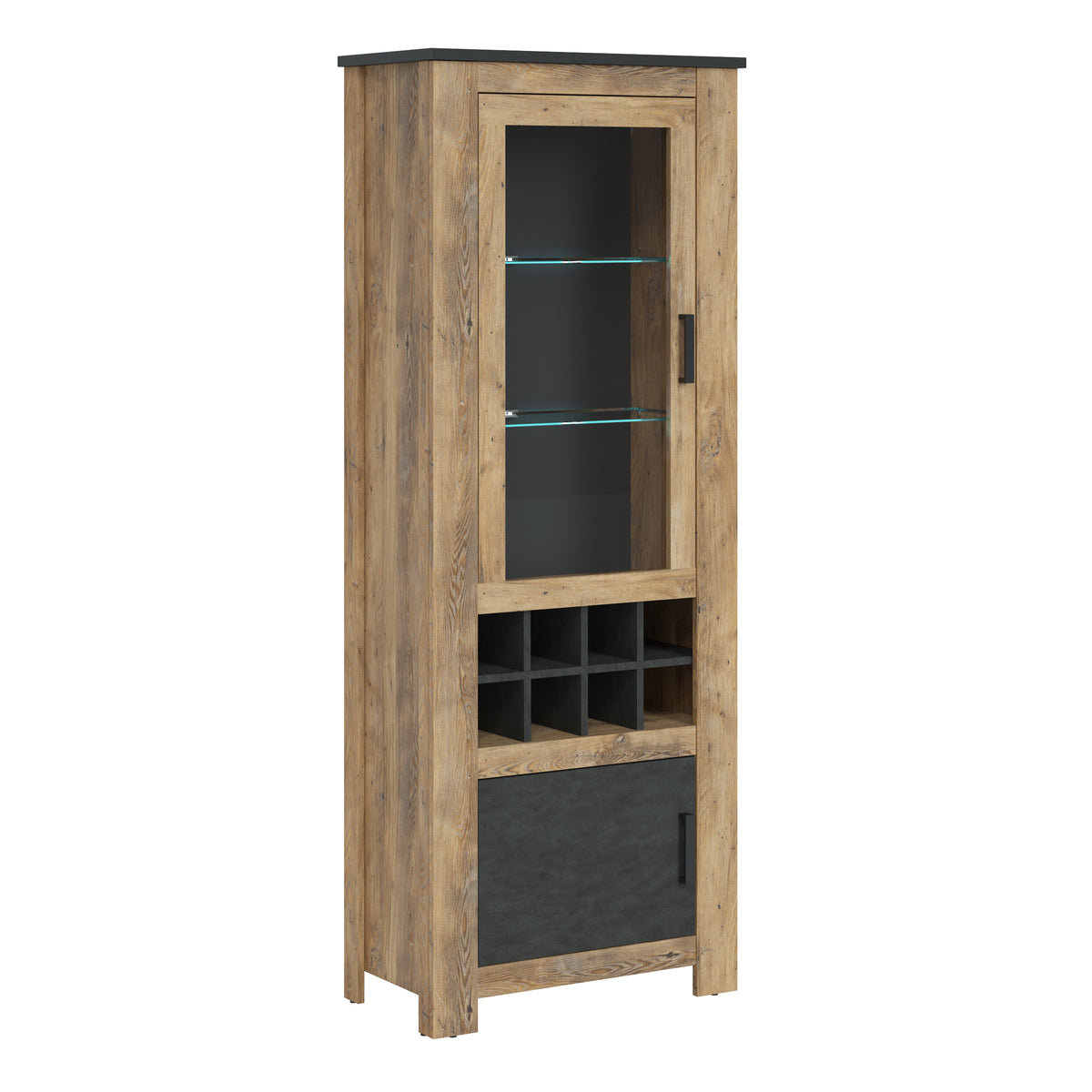 Raif 2 Door Display Cabinet with Wine Rack in Chestnut and Matera Grey