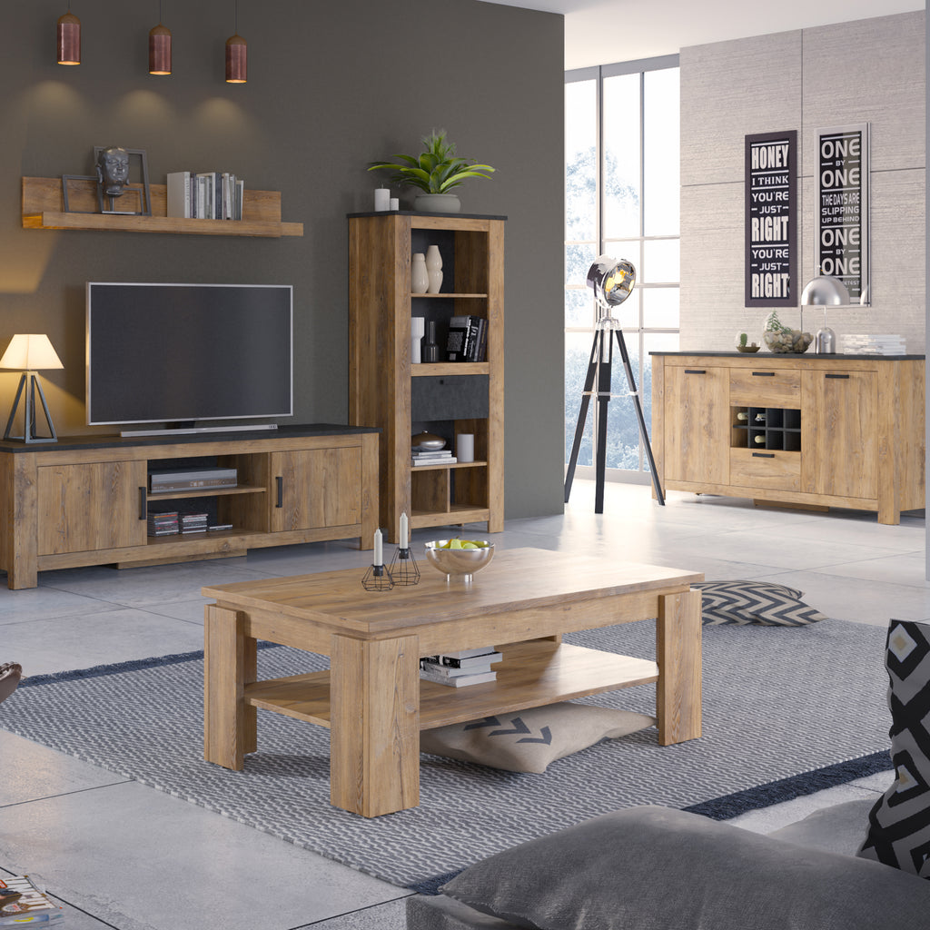Raif 2 Door 2 Drawer Sideboard with Wine Rack in Chestnut and Matera Grey