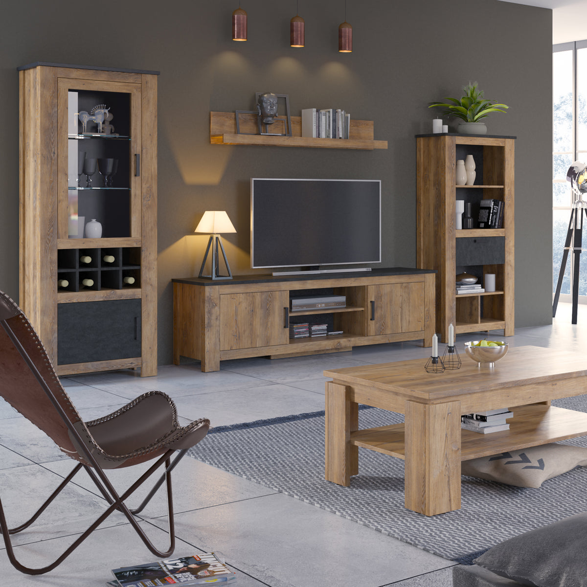 Raif 1 Door 138 cm TV Cabinet in Chestnut and Matera Grey