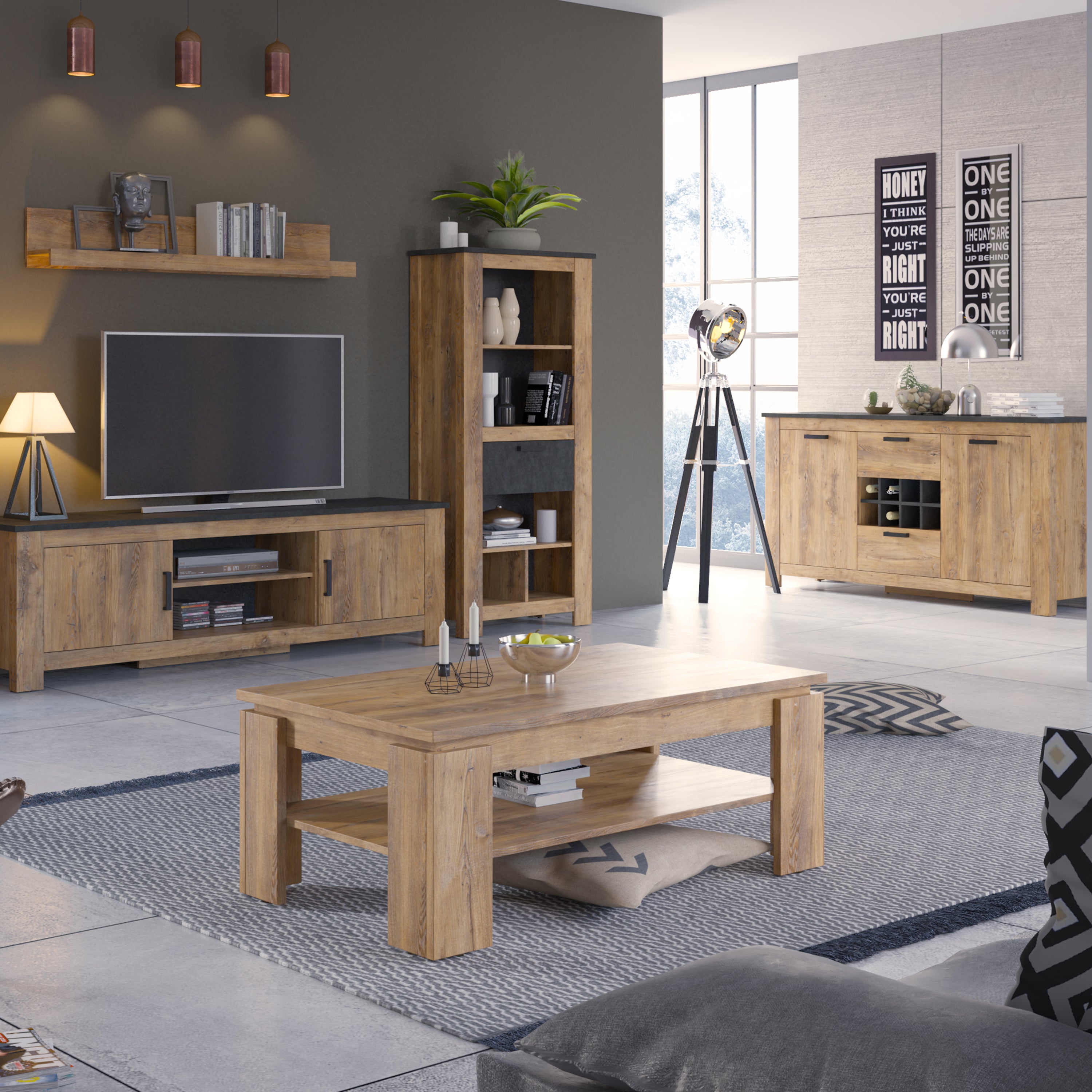 Raif 1 Door 138 cm TV Cabinet in Chestnut and Matera Grey