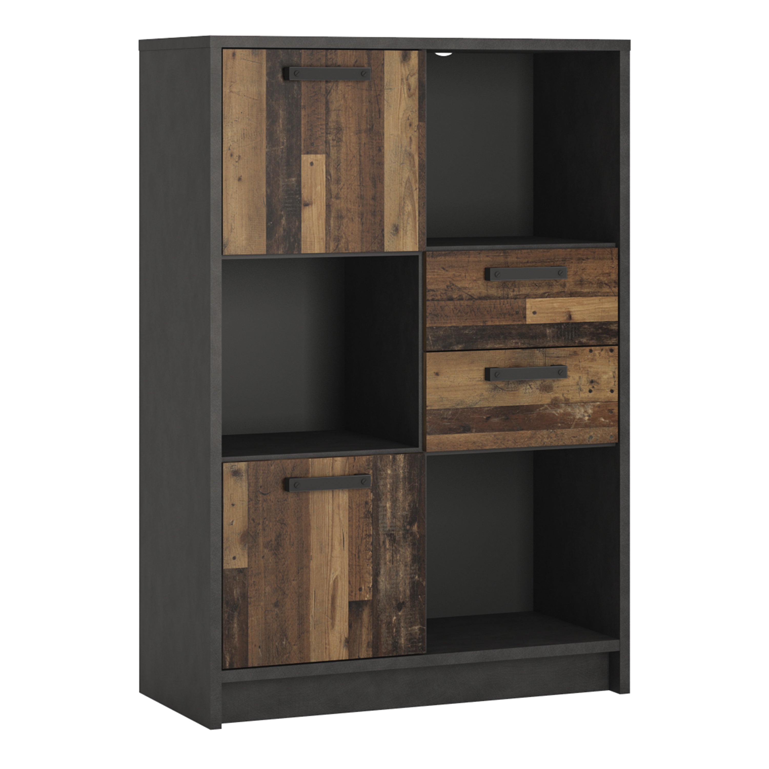 Brandon Low Bookcase with 2 Doors and 2 Drawers in Walnut and Dark Matera Grey
