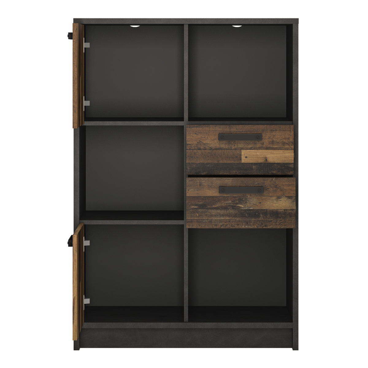 Brandon Low Bookcase with 2 Doors and 2 Drawers in Walnut and Dark Matera Grey