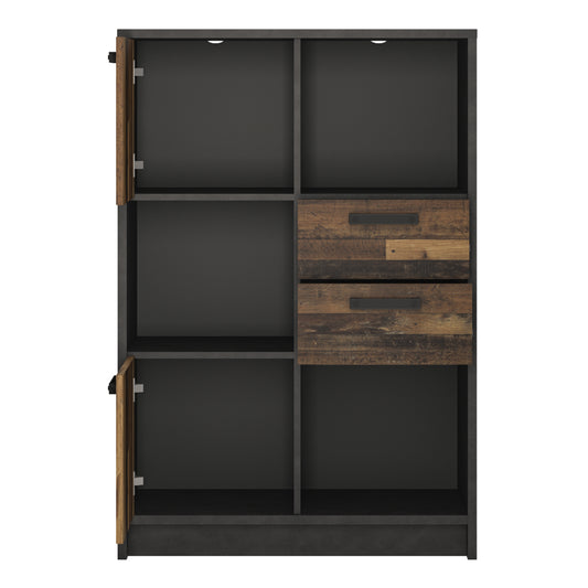 Brandon Low Bookcase with 2 Doors and 2 Drawers in Walnut and Dark Matera Grey
