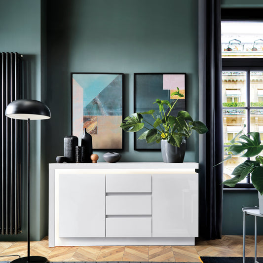 Lucille 2 Door 3 Drawer Sideboard (including LED lighting) in White and High Gloss