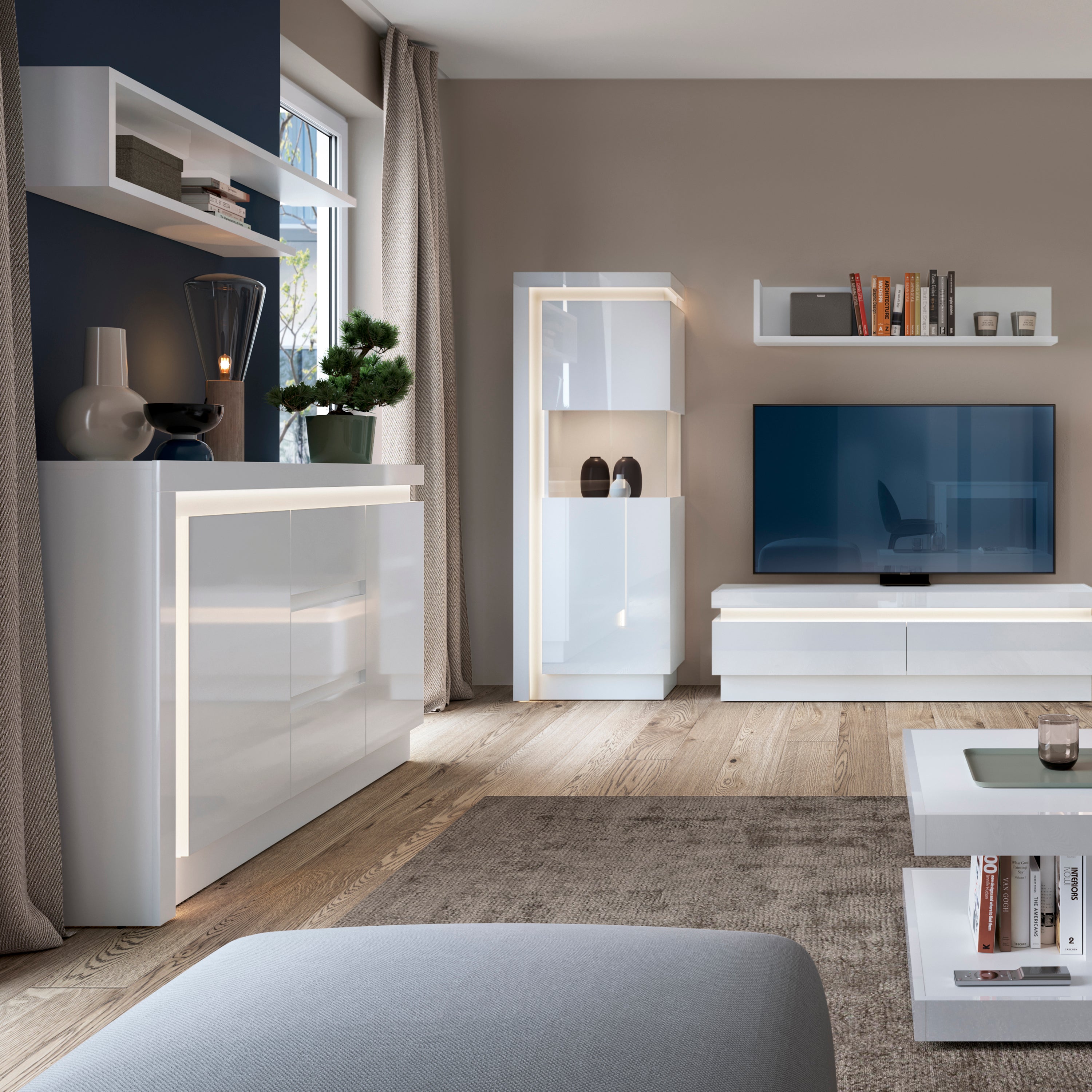 Lucille 2 Door 3 Drawer Sideboard (including LED lighting) in White and High Gloss