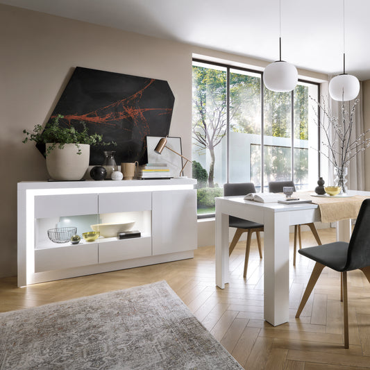 Lucille 3 Door Glazed Sideboard (including LED lighting) in White and High Gloss