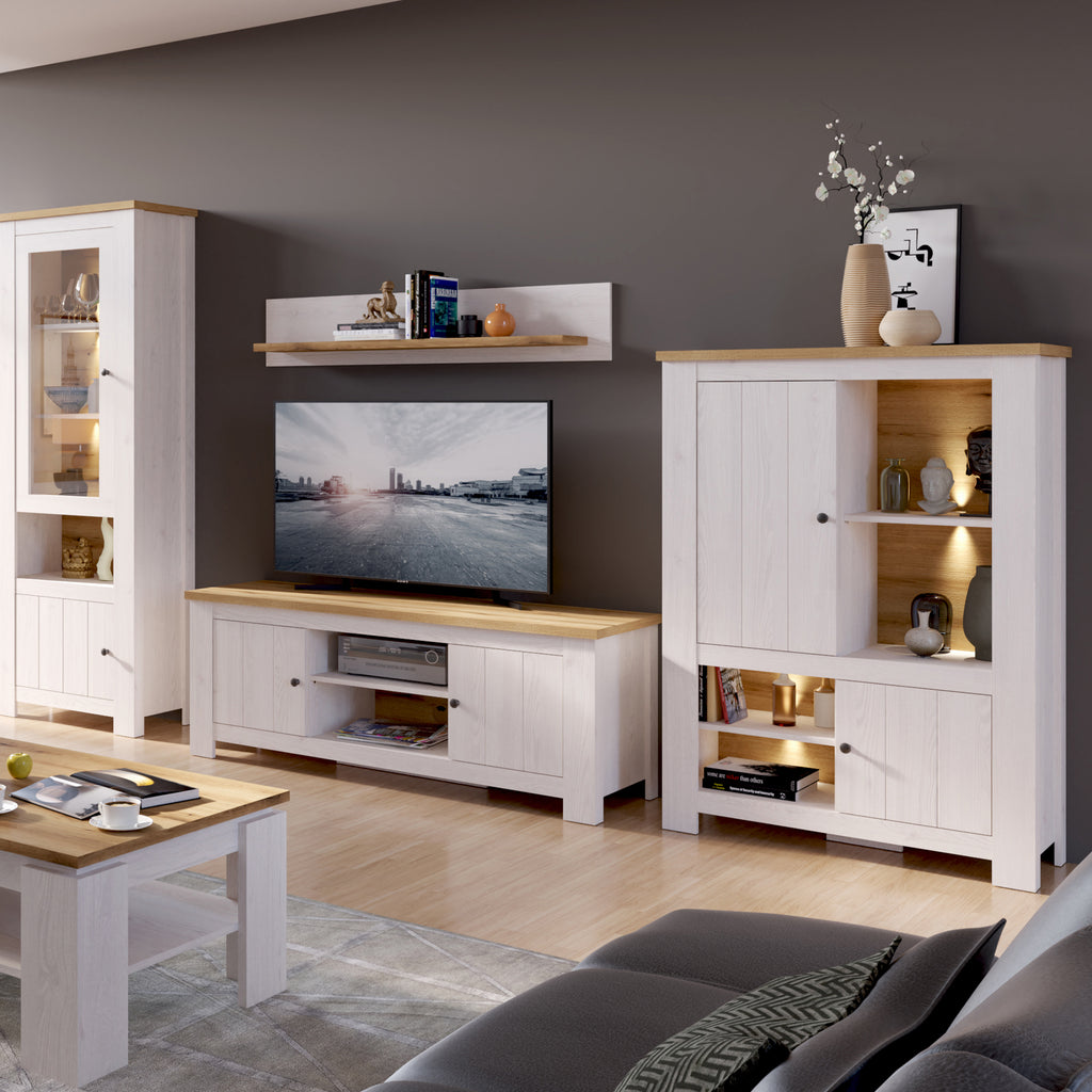 Cleo 2 Door 4 Shelves Cabinet in White and Oak