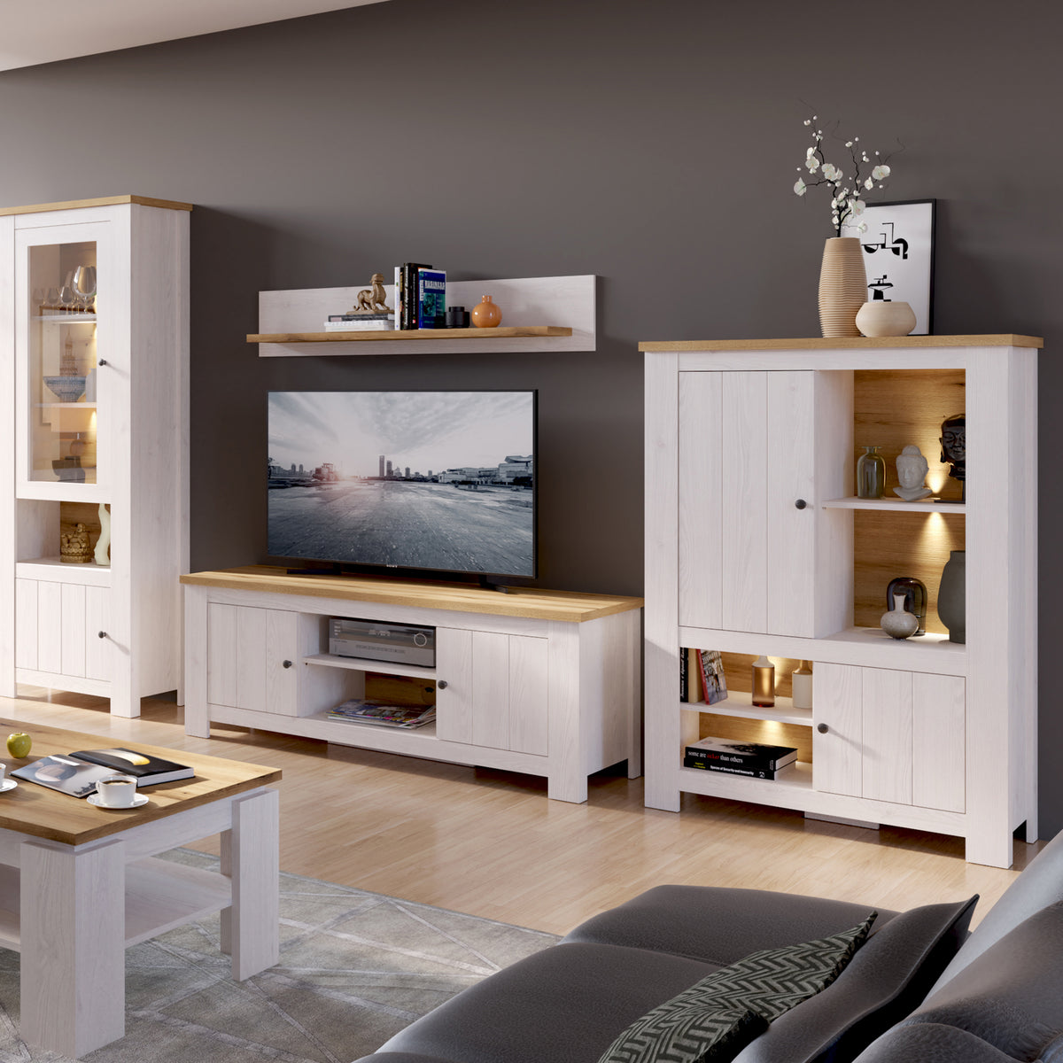 Cleo 2 Door 4 Shelves Cabinet in White and Oak