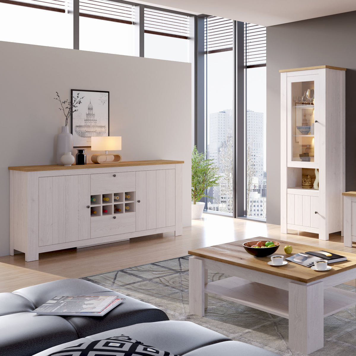 Cleo 2 Door 2 Drawer Sideboard with Wine Rack in White and Oak