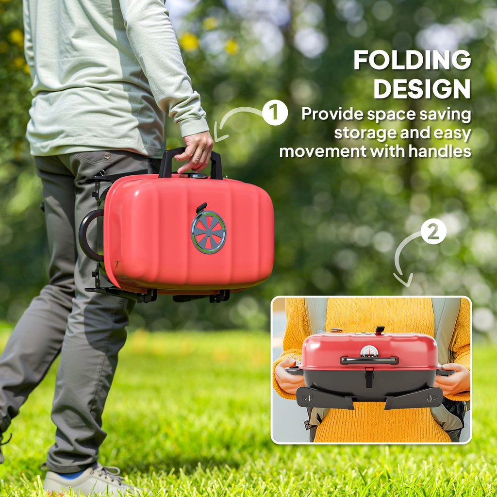 Outsunny Charcoal Barbecue Grill Folding Portable BBQ Grill for Camping with 1232 cm² Cooking Area, Adjustable Vent, Thermometer, Handles for Picnic, 59 x 37 x 36 cm, Red