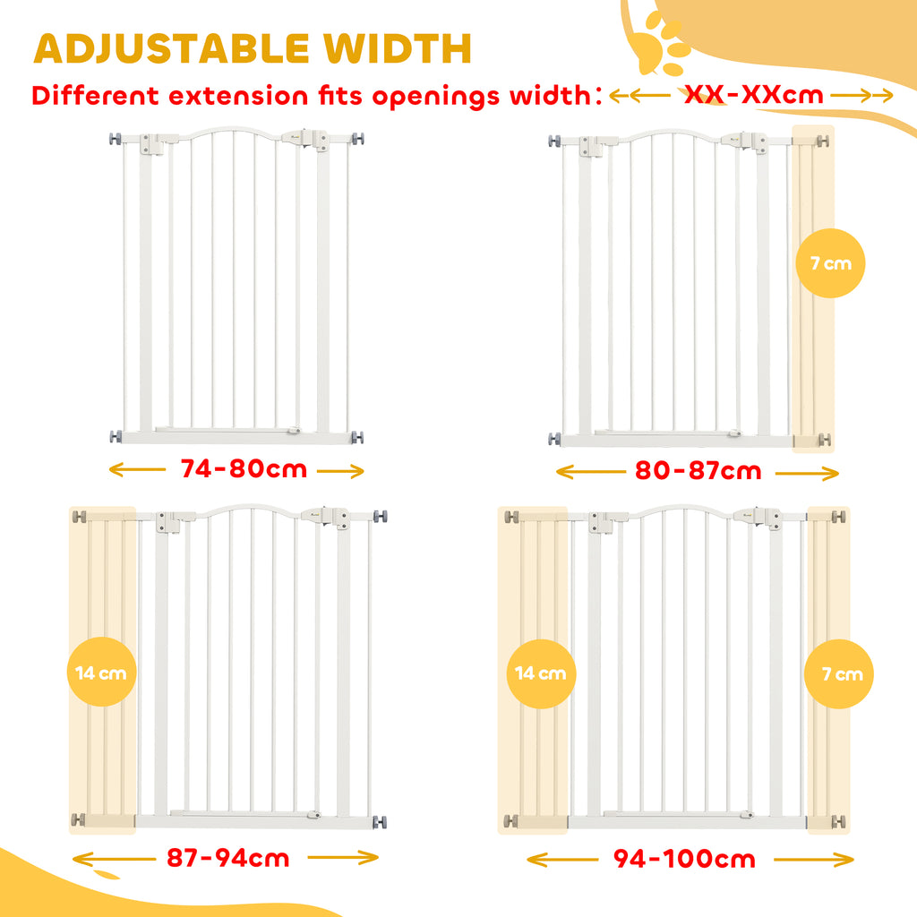 PawHut Pressure Fit Dog Stair Gate No Drilling Safety Gate Auto Close for Doorways, Hallways, 74-100cm Adjustable, 94cm Tall, White