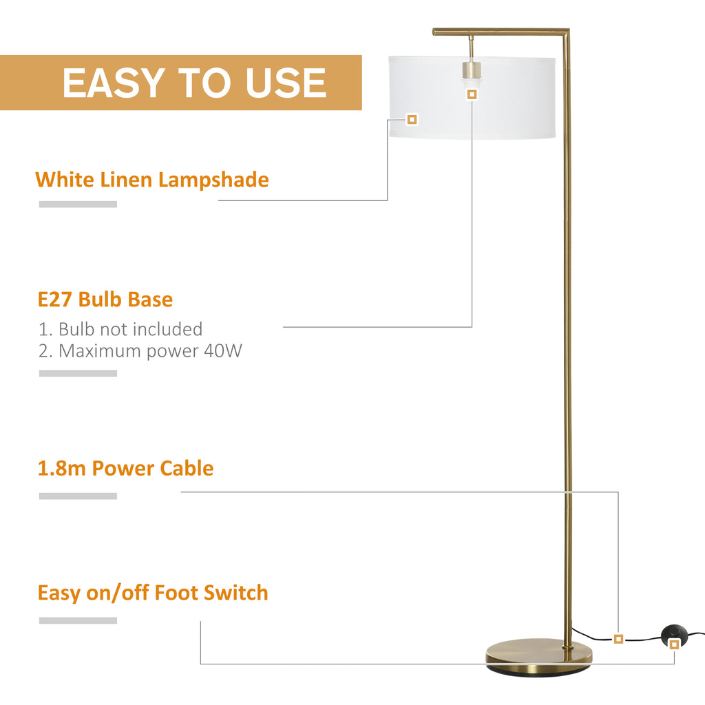 Floor Lamp, Modern Standing Lamp with Linen Lampshade, Round Base for Living Room, Bedroom, Dining Room, 153cm, Gold Tone and White