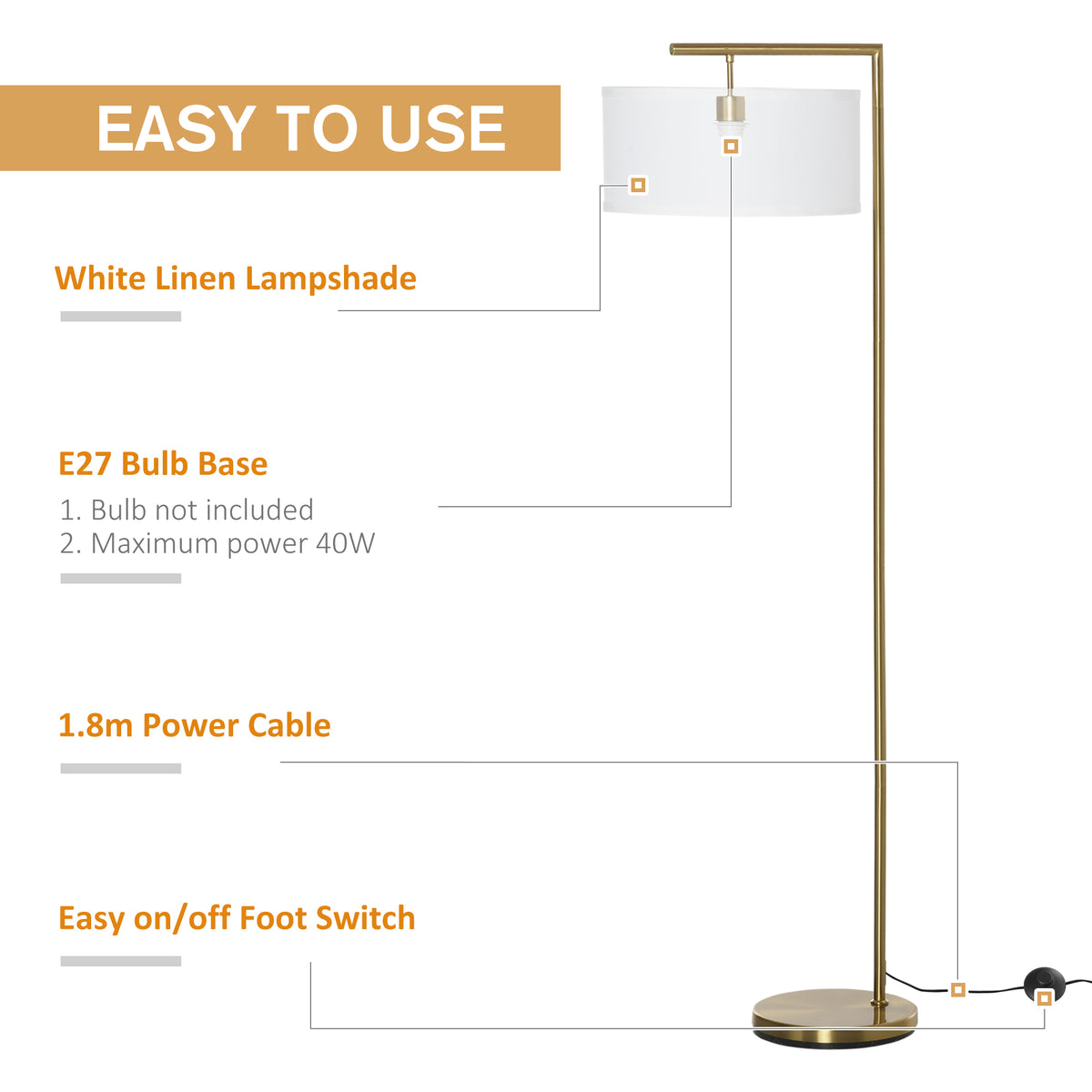 Floor Lamp, Modern Standing Lamp with Linen Lampshade, Round Base for Living Room, Bedroom, Dining Room, 153cm, Gold Tone and White