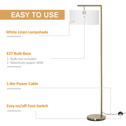 Floor Lamp, Modern Standing Lamp with Linen Lampshade, Round Base for Living Room, Bedroom, Dining Room, 153cm, Gold Tone and White