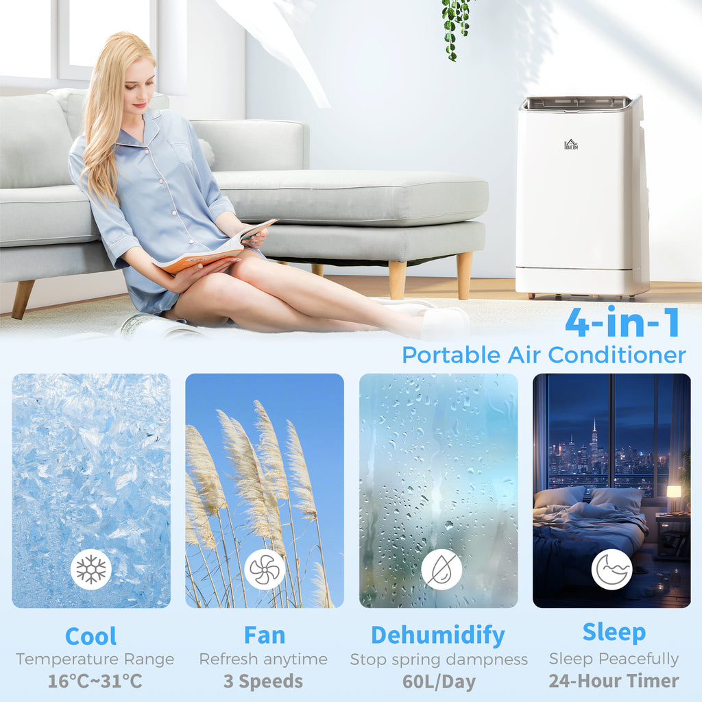 14000 BTU Mobile Air Conditioner, 35m², Smart Home WiFi, with Dehumidifier, Fan, 24H Timer, Window Kit, White