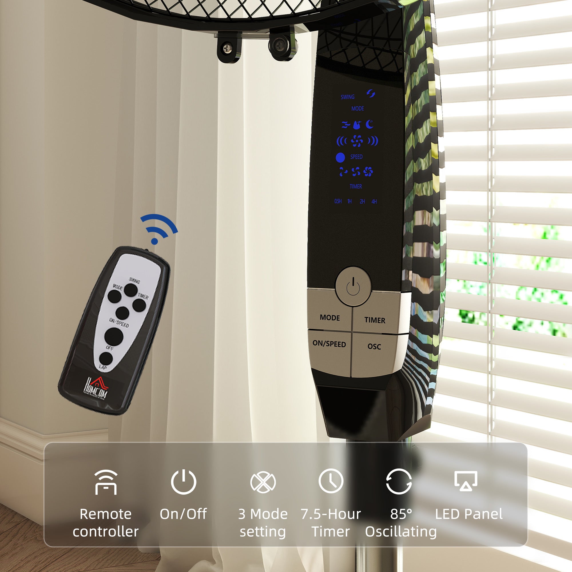 40 cm Pedestal Standing Floor Fan, Oscillation Cooling Fan with Remote Control, Black