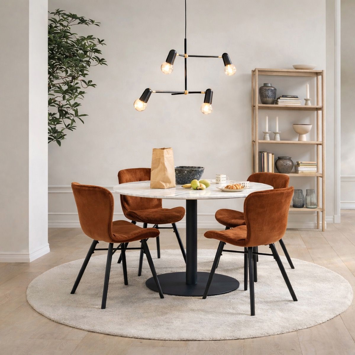 Codey Round Dining Table with White Polished Marble Top & Black Base includes 4 Matilda Dining Chairs in Copper