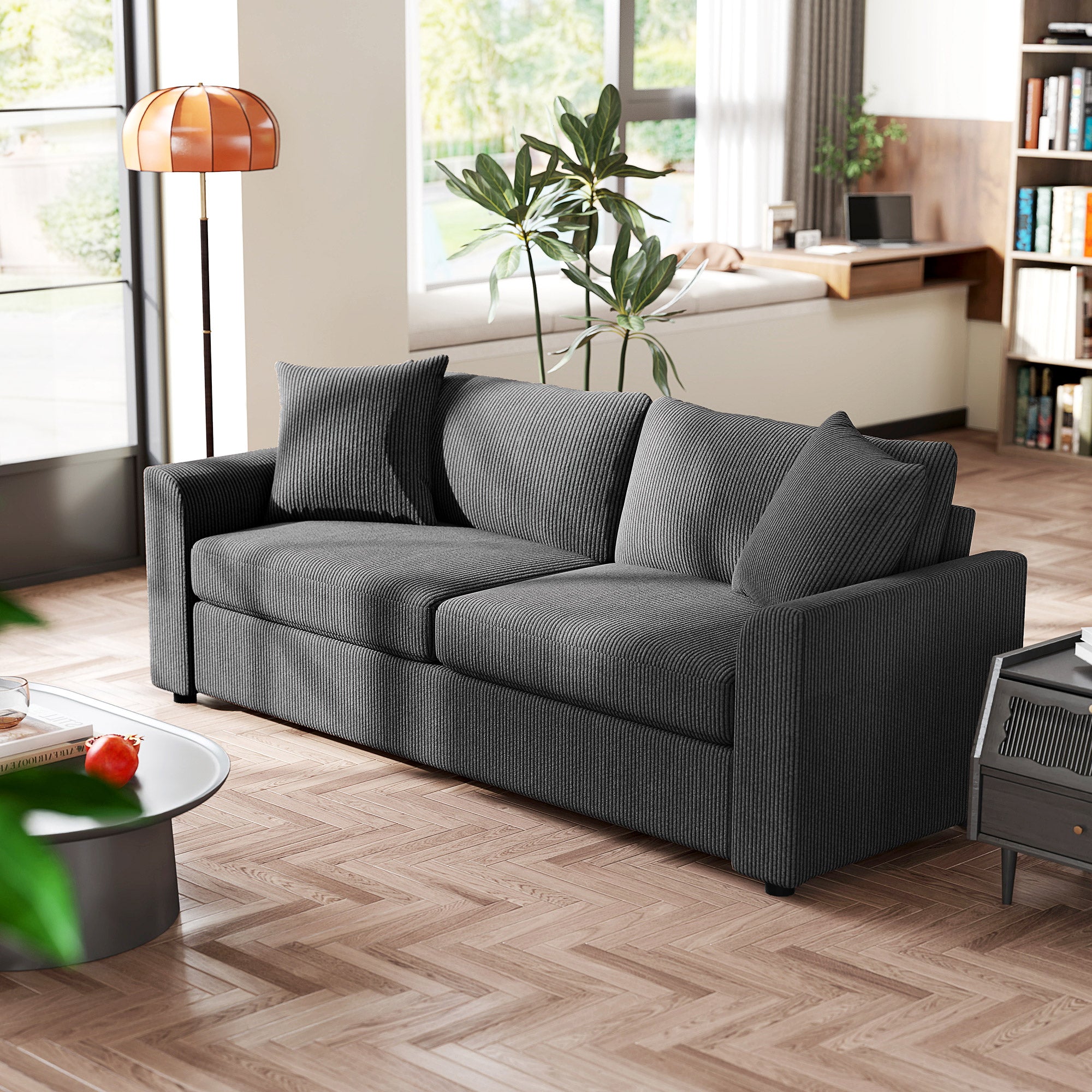 HOMCOM Modern 3 Seater Sofa with Spring Cushion, 212 cm Fabric Jumbo Cord Sofa Couch with 2 Scatter Cushions, Upholstered Corduroy Settee for Living Room, Bedroom, Home Office, Grey