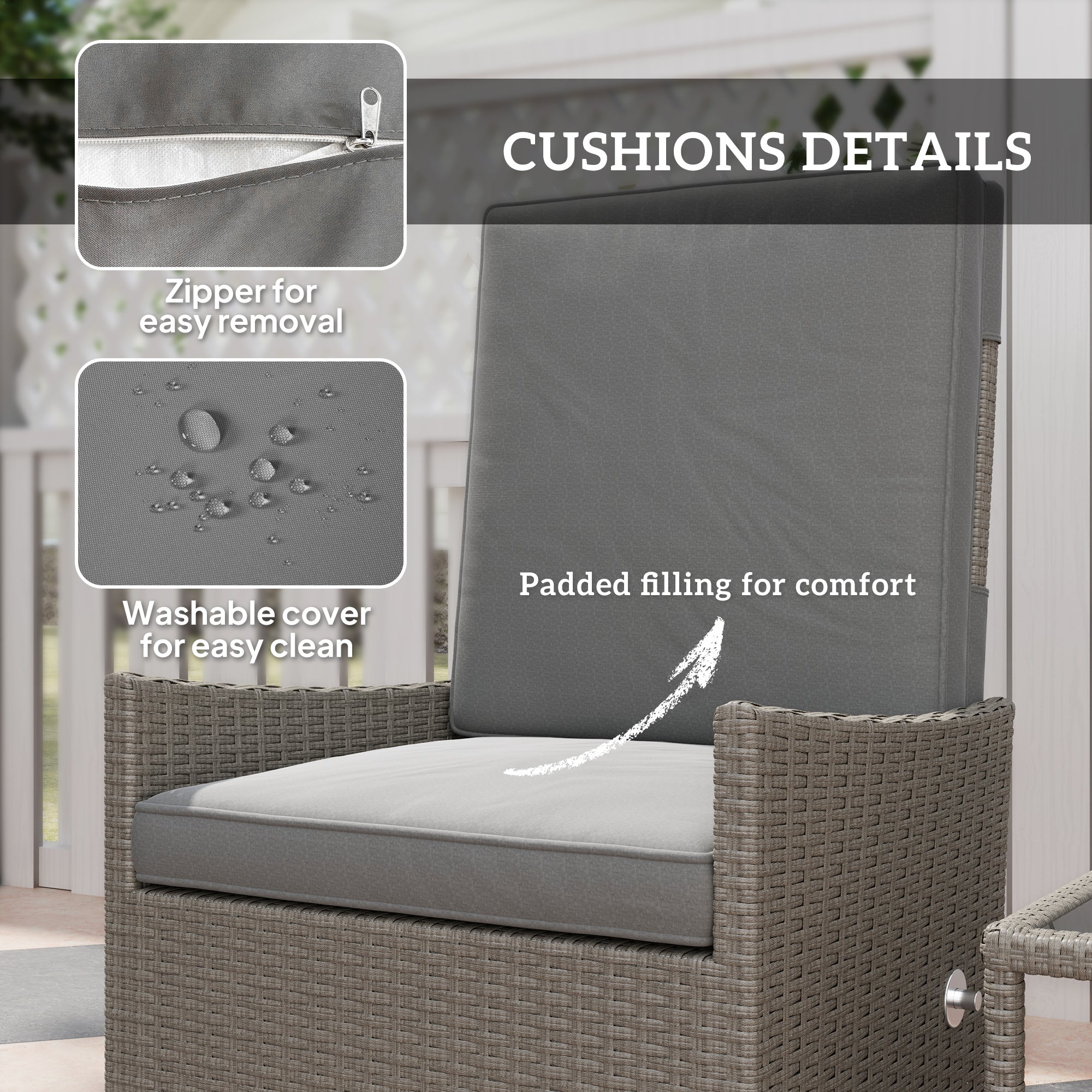 Outsunny 5 Piece Rattan Garden Furniture Set, Wicker Patio Sofa Set with 2 Armchairs, 2 Footstools, Glass Top Coffee Table with Shelf, Outdoor Furniture with Adjustable Backrests, Cushions, Dark Grey