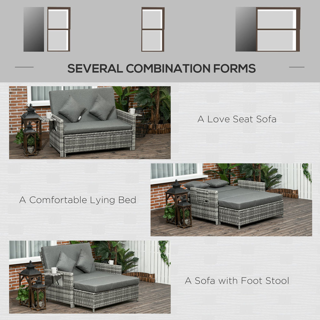 Outsunny Rattan Garden Daybed, Assembled Double Sun Lounger with 5-Level Adjustable Back, Storage Ottoman, Cushions, Pillows and Retractable Trays, Outdoor Loveseat Sofa Bed for Patio, Mixed Grey