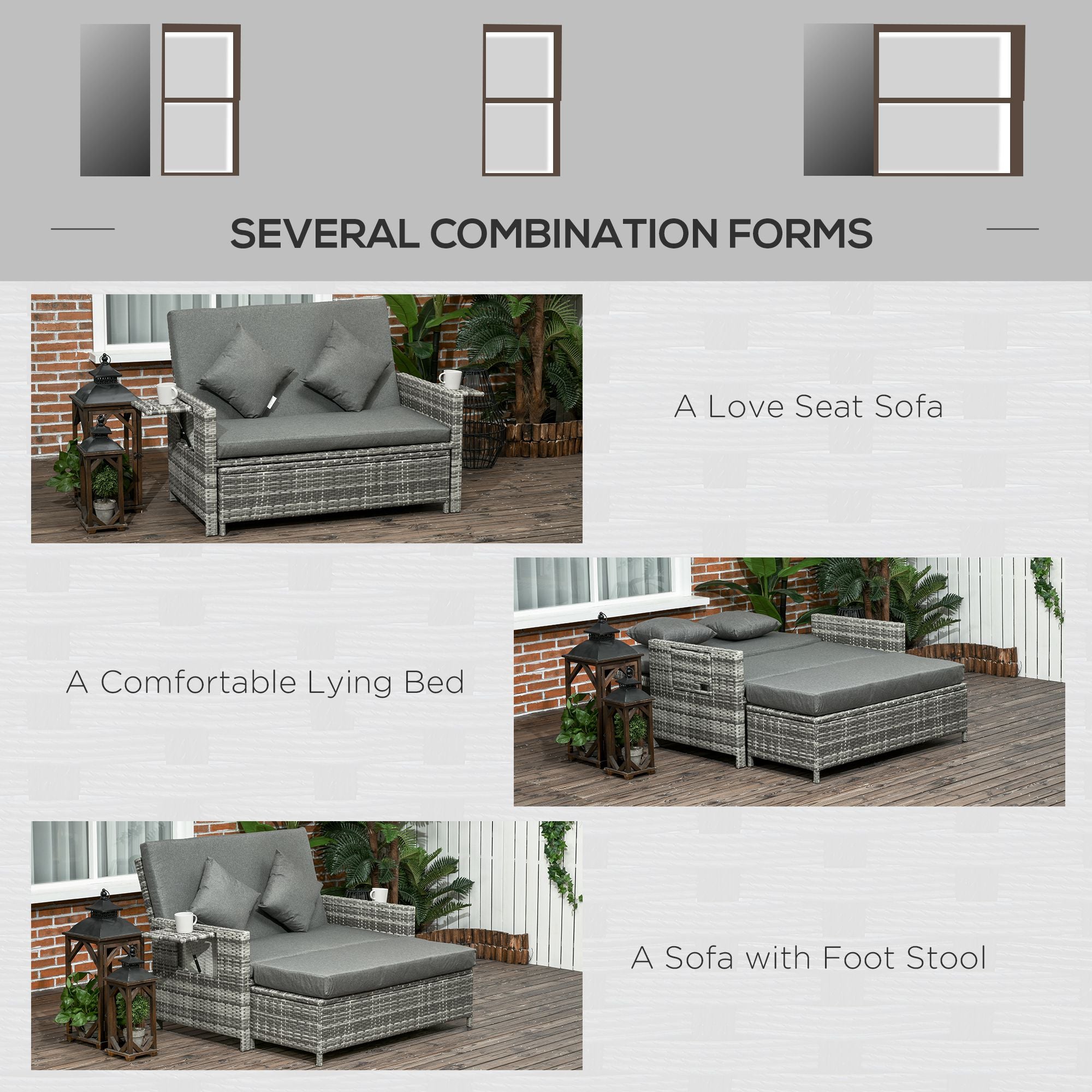 Outsunny Rattan Garden Daybed, Assembled Double Sun Lounger with 5-Level Adjustable Back, Storage Ottoman, Cushions, Pillows and Retractable Trays, Outdoor Loveseat Sofa Bed for Patio, Mixed Grey
