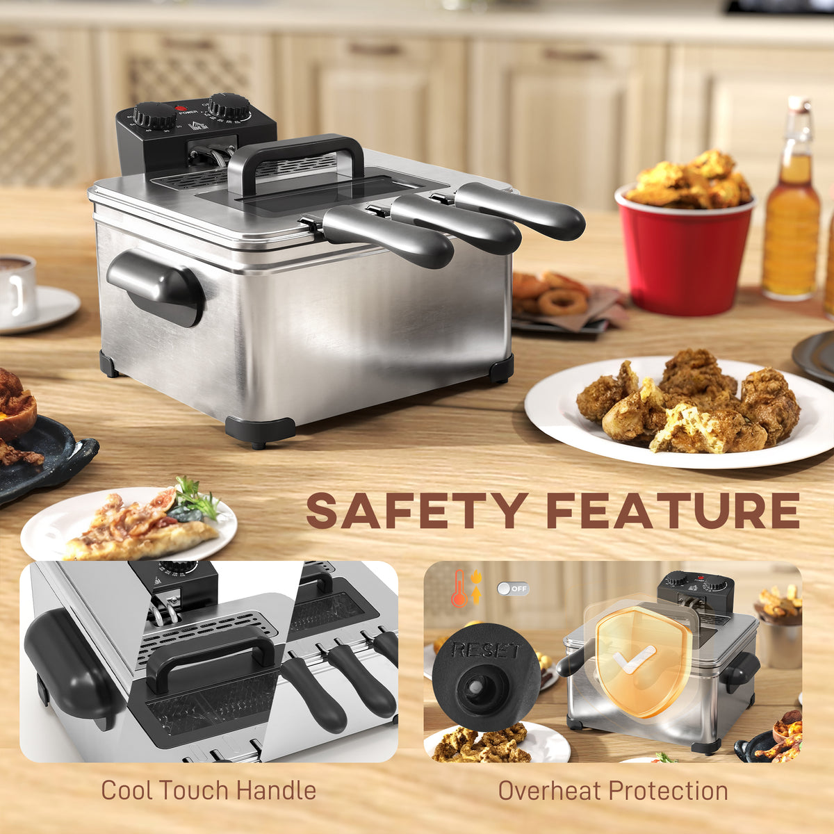 5 Litre Deep Fat Fryer Stainless Steel with Adjustable Temperature, 60min Timer, Removable Oil Basket, Viewing Window and Safety Cut Out, 2000W