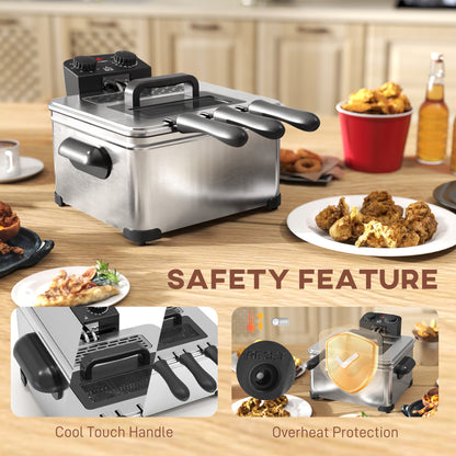 5 Litre Deep Fat Fryer Stainless Steel with Adjustable Temperature, 60min Timer, Removable Oil Basket, Viewing Window and Safety Cut Out, 2000W