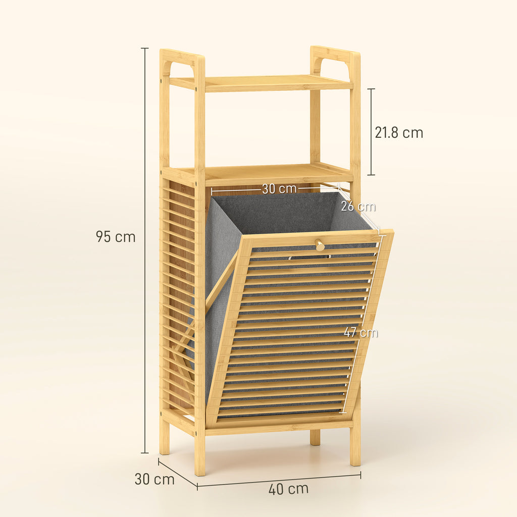 HOMCOM Bamboo Laundry Cabinet with Slatted Door, Bathroom Cabinet with Tilt-Out Hamper and Removable Liner Bag, 40 x 30D x 95 cm, Natural Wood Finish