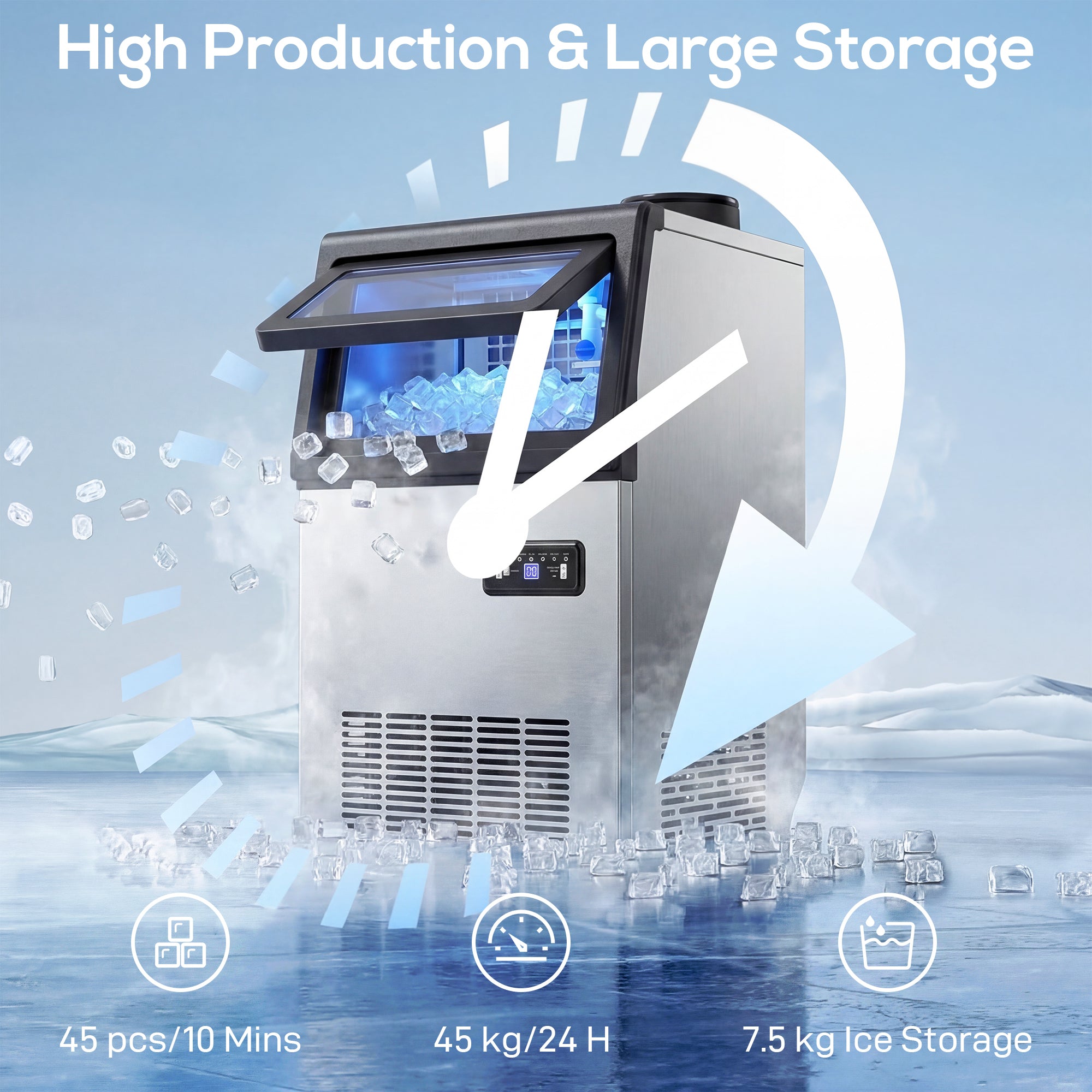 Commercial Ice Maker Machine, 45kg/24H Stainless Steel Under Counter or Freestanding Ice Machine, Silver