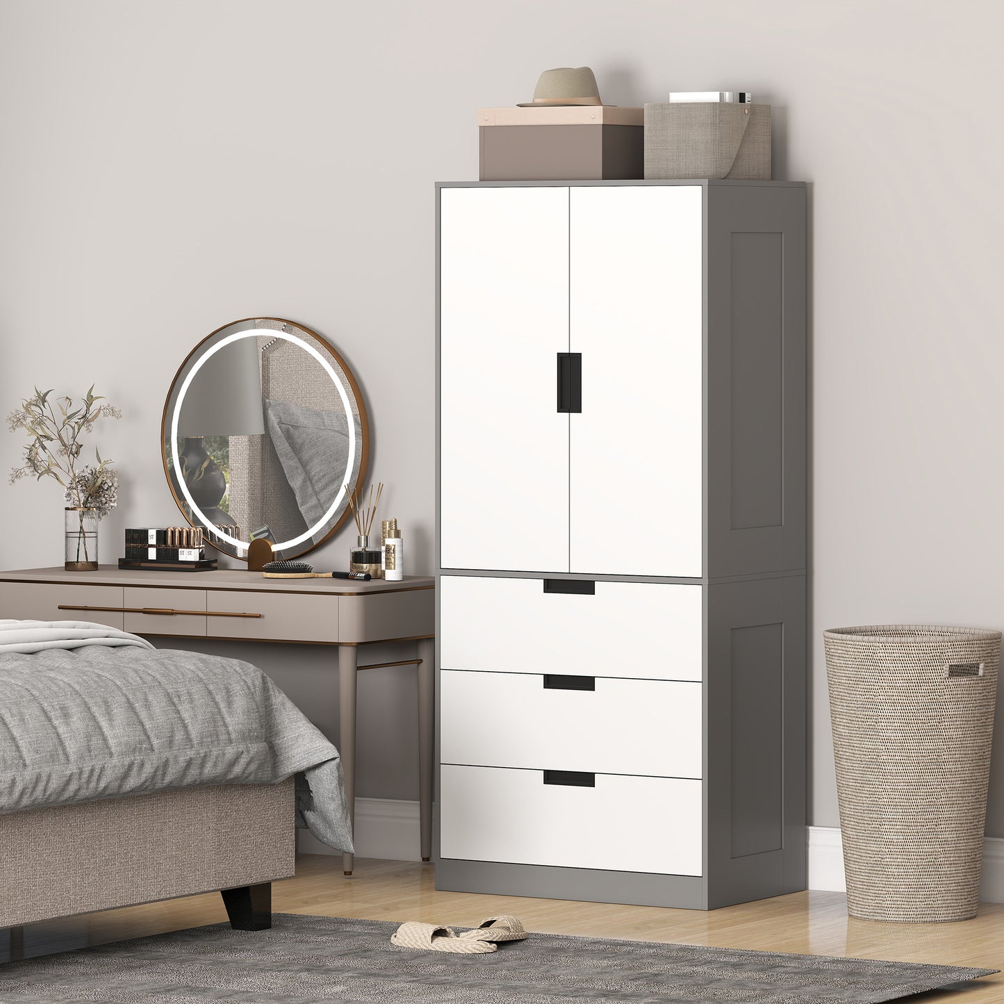 Modern Clothes Storage Cupboard Unit, 3 Drawer 2 Door Wardrobe with Hanging Rod, Grey