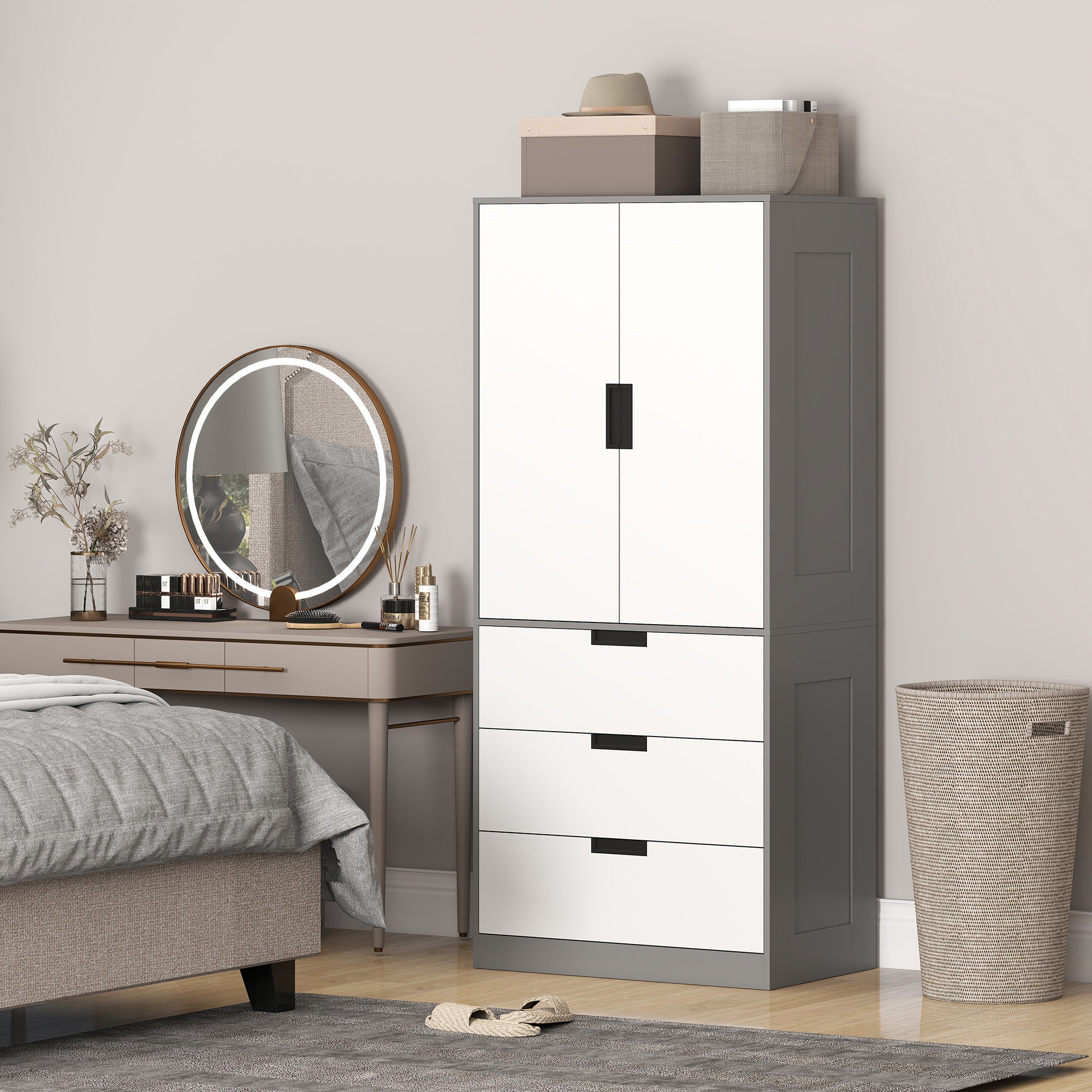 Modern Clothes Storage Cupboard Unit, 3 Drawer 2 Door Wardrobe with Hanging Rod, Grey