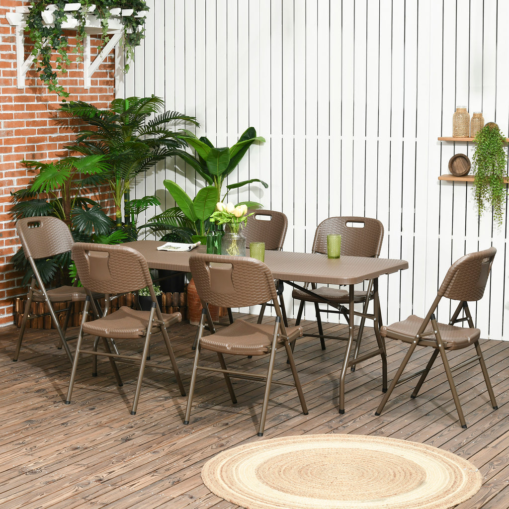 Outsunny 6 Seater Garden Dining Set, Rattan-Style HDPE Garden Furniture Set, Outdoor Dining Table and Chairs with 6 Armchairs and Rectangular Plastic Top Table for Patio, Balcony, Dark Brown