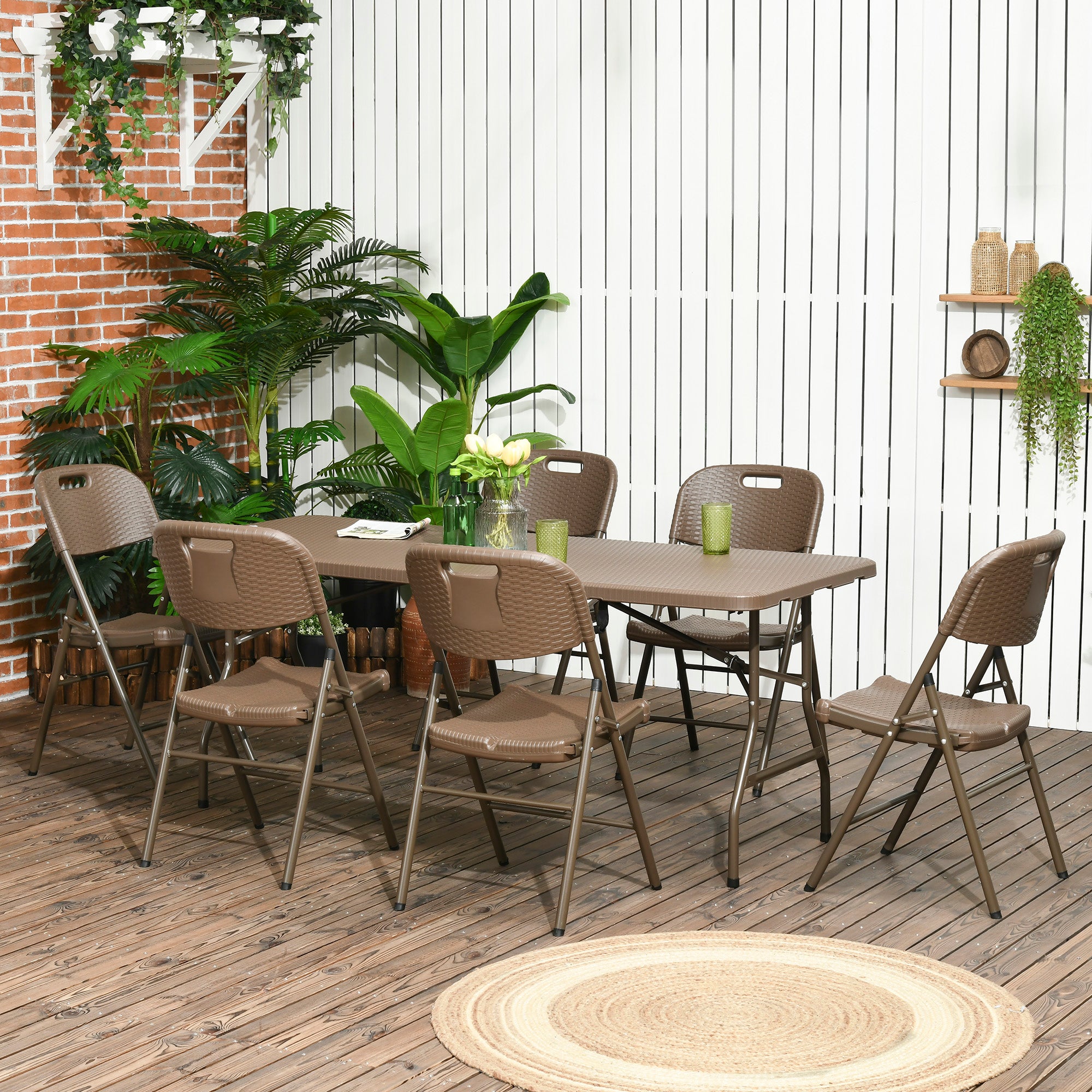 Outsunny 6 Seater Garden Dining Set, Rattan-Style HDPE Garden Furniture Set, Outdoor Dining Table and Chairs with 6 Armchairs and Rectangular Plastic Top Table for Patio, Balcony, Dark Brown