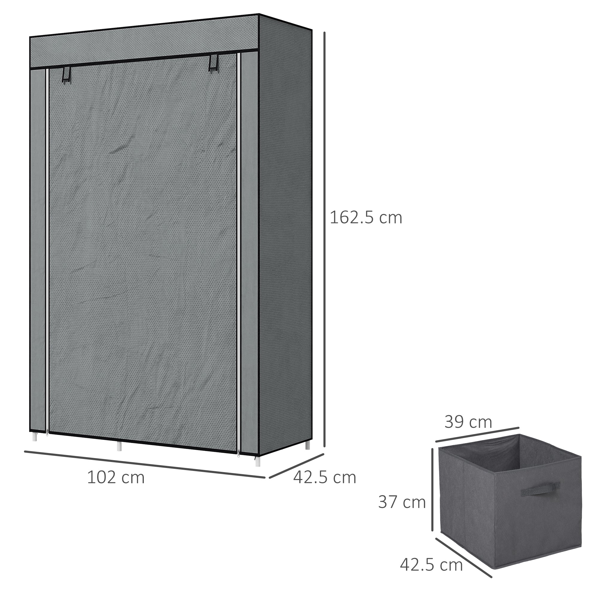 Fabric Wardrobe, Portable Wardrobe, Clothes Storage Unit with 5 Compartments, Hanging Rail and 2 Fabric Drawers, 102 x 42.5 x 162.5cm, Dark Grey
