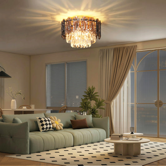 Chandelier Ceiling Light, 3-Light Flush Mount Fixture with Dual Crystal and Smoke Glass Shade, 40 cm LED Ceiling Light for Living Room Bedroom, 3 E14 Sockets, Bulbs Not Included, Gold Tone