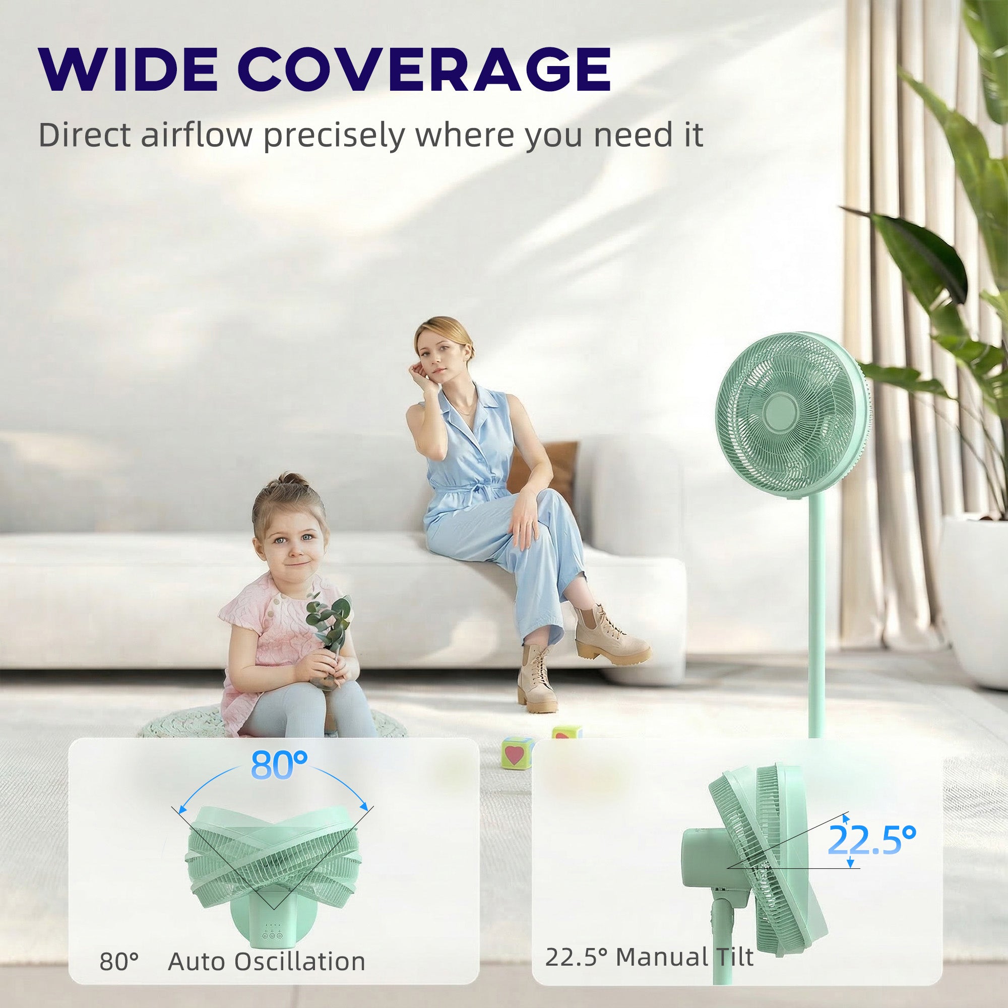 40 cm Standing Fan, Cooling Floor Fan with 80° Oscillating, Adjustable Tilt and Height, 4 Speed, Remote Control, Green