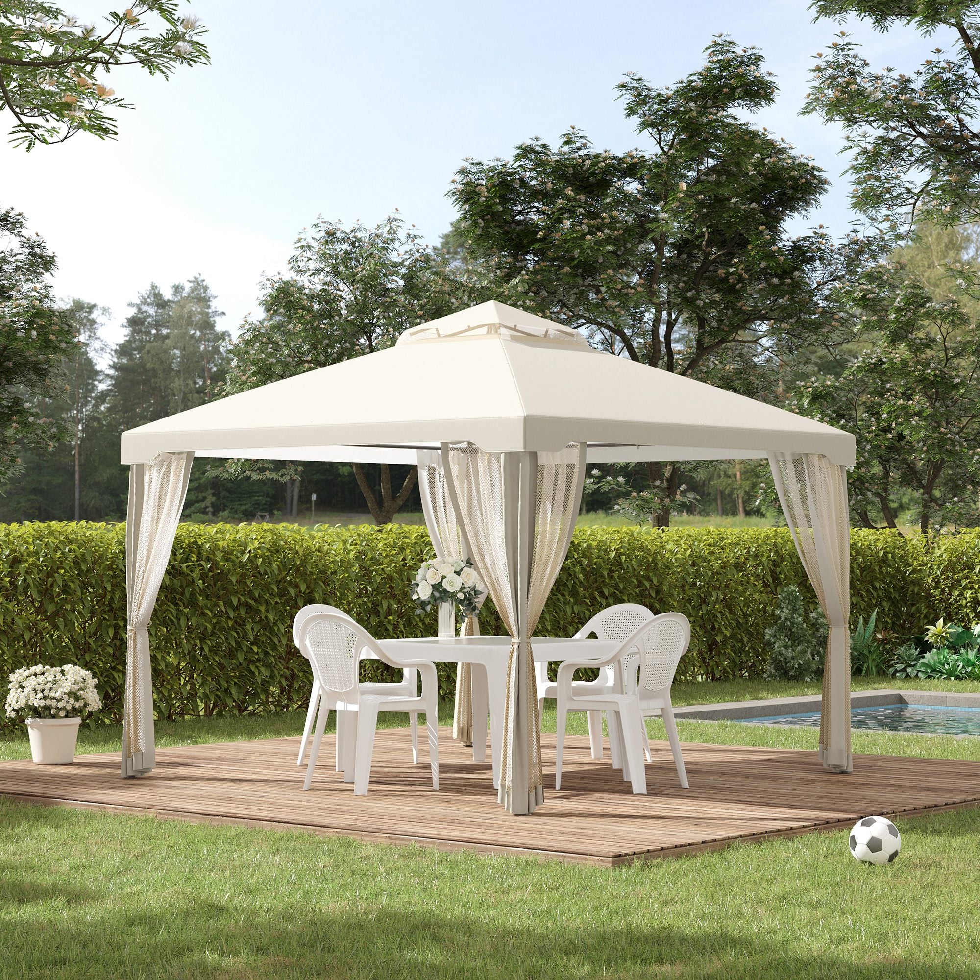 Outsunny 3 x 3 m Metal Gazebo, Double Roof Canopy Shelter with Mesh Sidewalls, Cream White