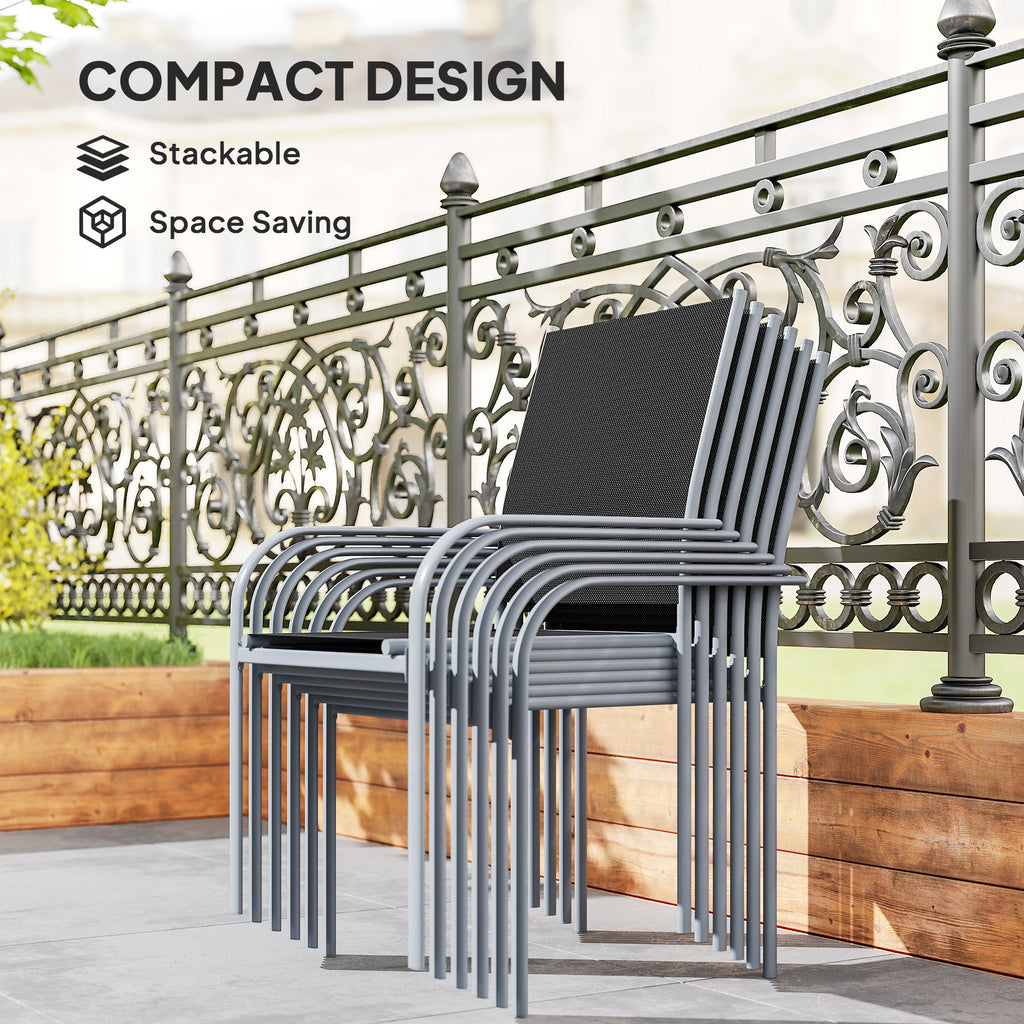 Outsunny 7 Piece Outdoor Garden Dining Set with Table and 6 Stackable Chairs, Steel Frame, Tempered Glass Top, Mesh Seats, Black