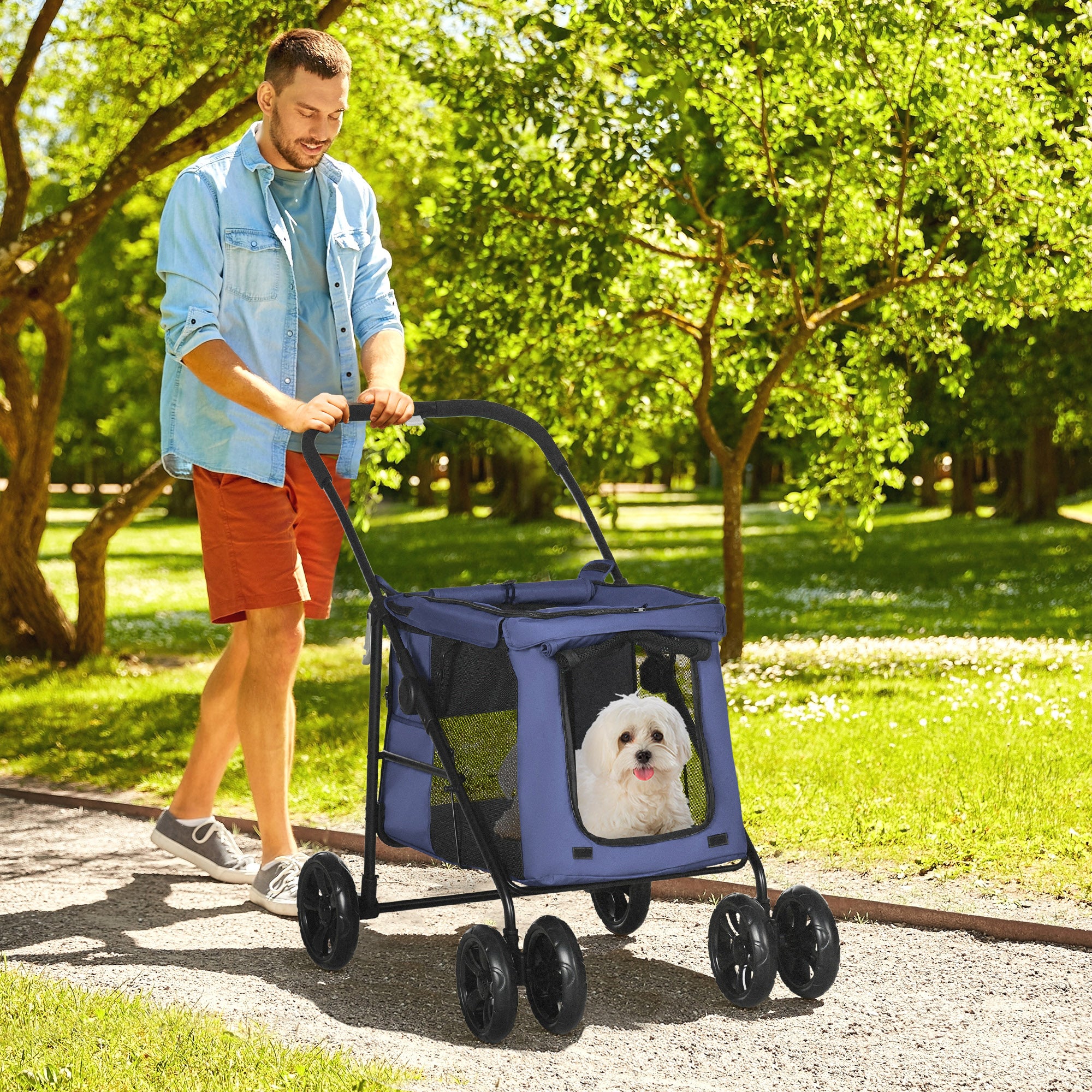PawHut Dog Pram Dog Stroller 4 Wheels Pet Pushchair with Rolling Door, Cushion, Safety Leashes, for Small and Medium Breeds, Dark Blue
