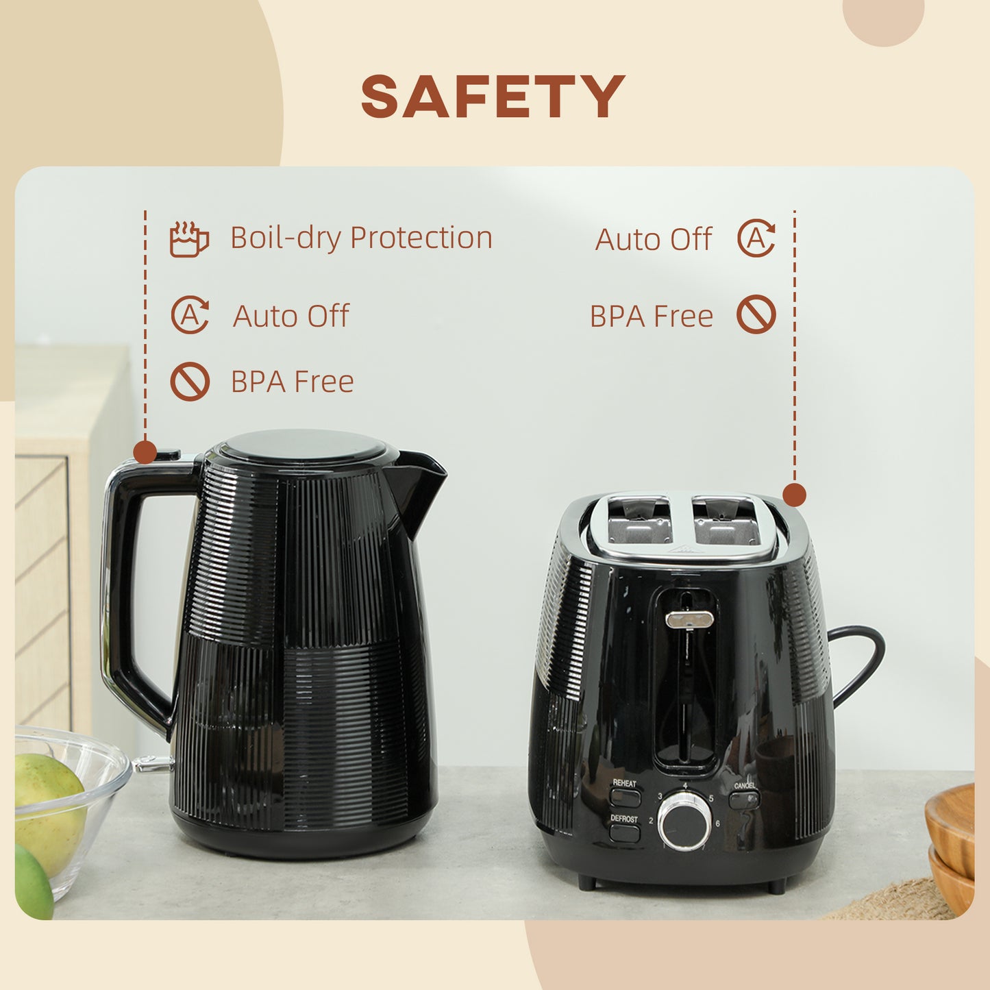 Kettle and Toaster Set, 1.7L 3000W Fast Boil Kettle & 2 Slice Toaster Kitchen Set with 7 Level Browning Controls, Defrost, Reheat, Boil-dry Protection, Black