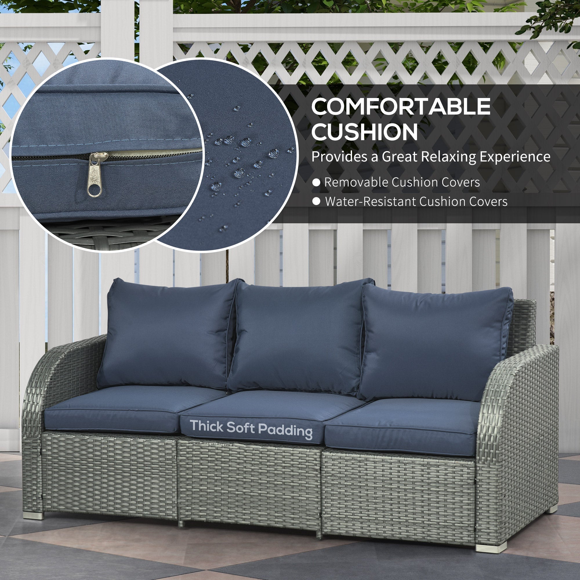 Outsunny Six-piece Outdoor Rattan Dining Set, Outdoor Sofa Set with Reclining Armchairs and Mental Frame, Blue