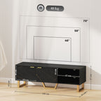 Marble Effect TV Unit, Modern TV Stand Cabinet for up to 70" TVs, with Shelves and Storage Cupboard, Fluted Door, Extra Centre Leg, Cable Management for Living Room, Black