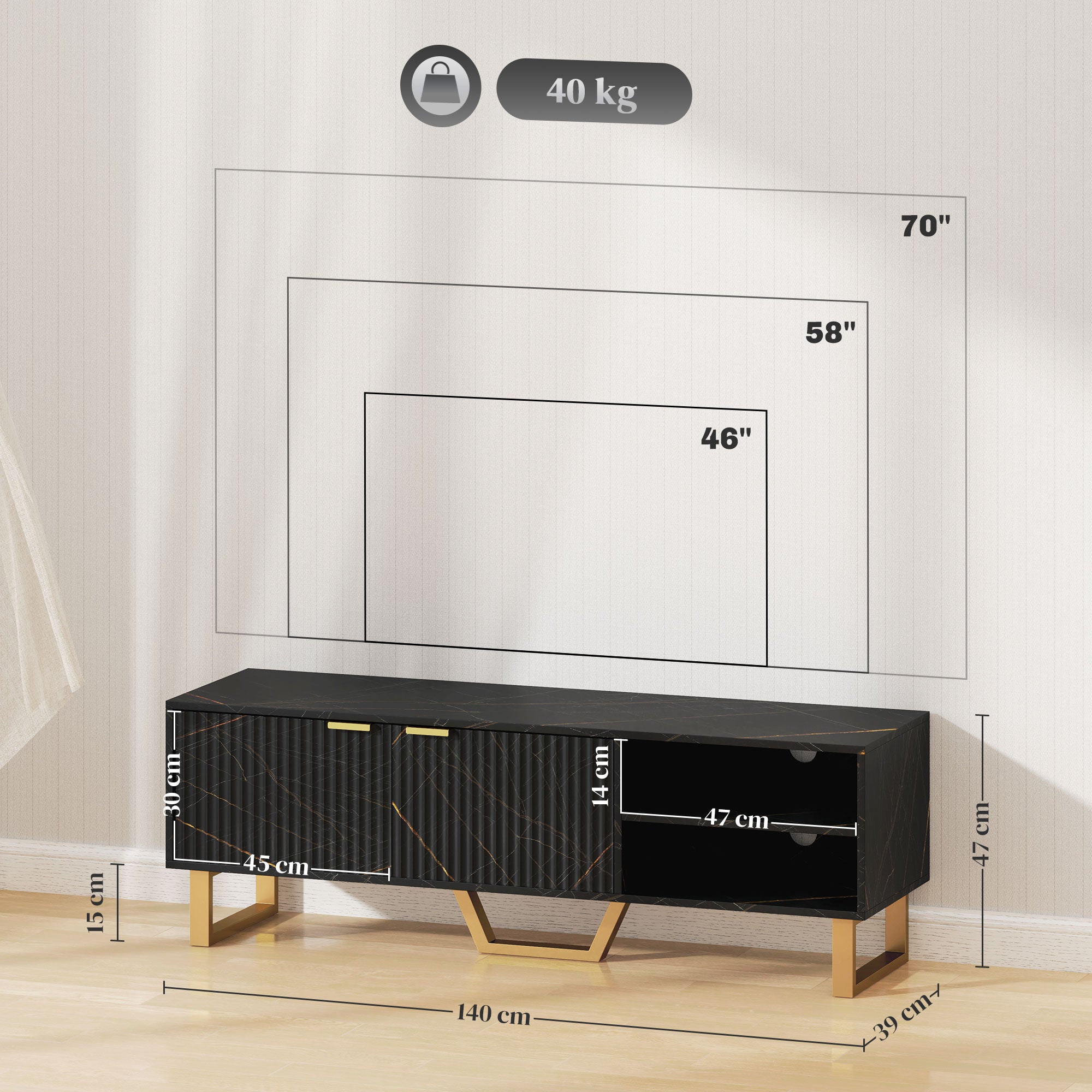 Marble Effect TV Unit, Modern TV Stand Cabinet for up to 70" TVs, with Shelves and Storage Cupboard, Fluted Door, Extra Centre Leg, Cable Management for Living Room, Black