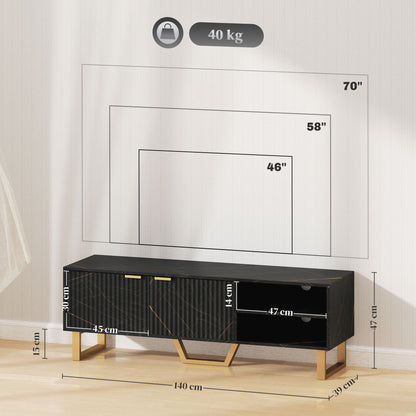 Marble Effect TV Unit, Modern TV Stand Cabinet for up to 70" TVs, with Shelves and Storage Cupboard, Fluted Door, Extra Centre Leg, Cable Management for Living Room, Black