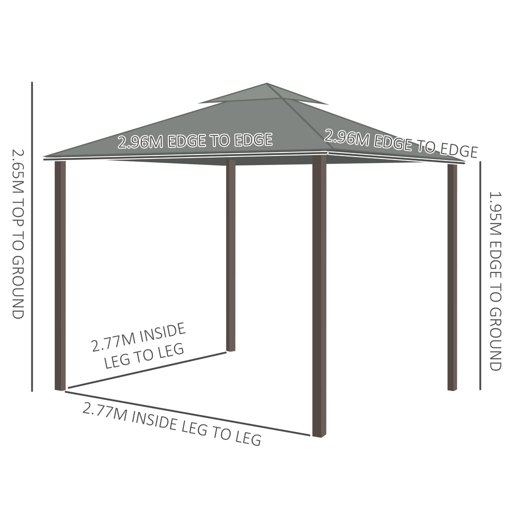Outsunny 3 x 3(m) Patio Gazebo Canopy Garden Pavilion Tent Shelter Marquee with 2 Tier Water Repellent Roof, Mosquito Netting and Curtains, Aluminium Frame, Dark Grey
