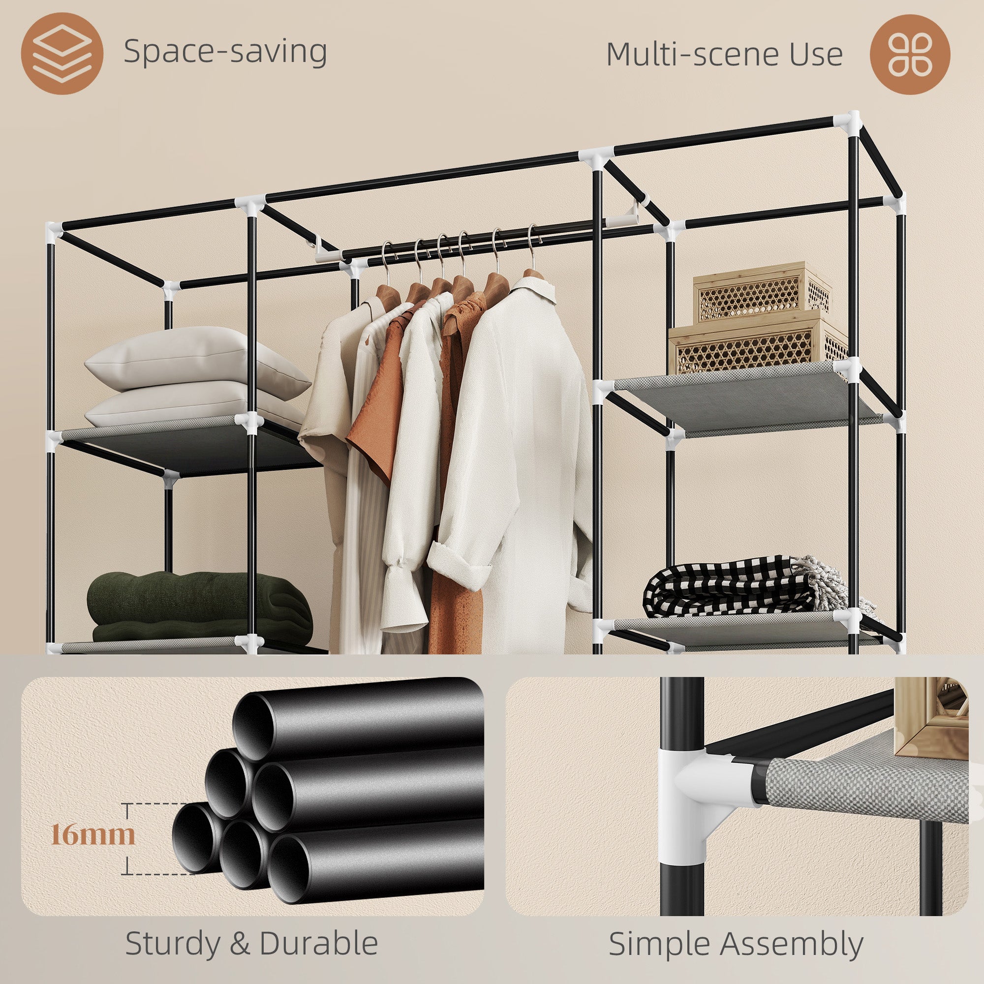 Clothes Storage Organiser with Hanging Rail, Shelves, Portable Wardrobe, Foldable Fabric Wardrobe, Light Grey
