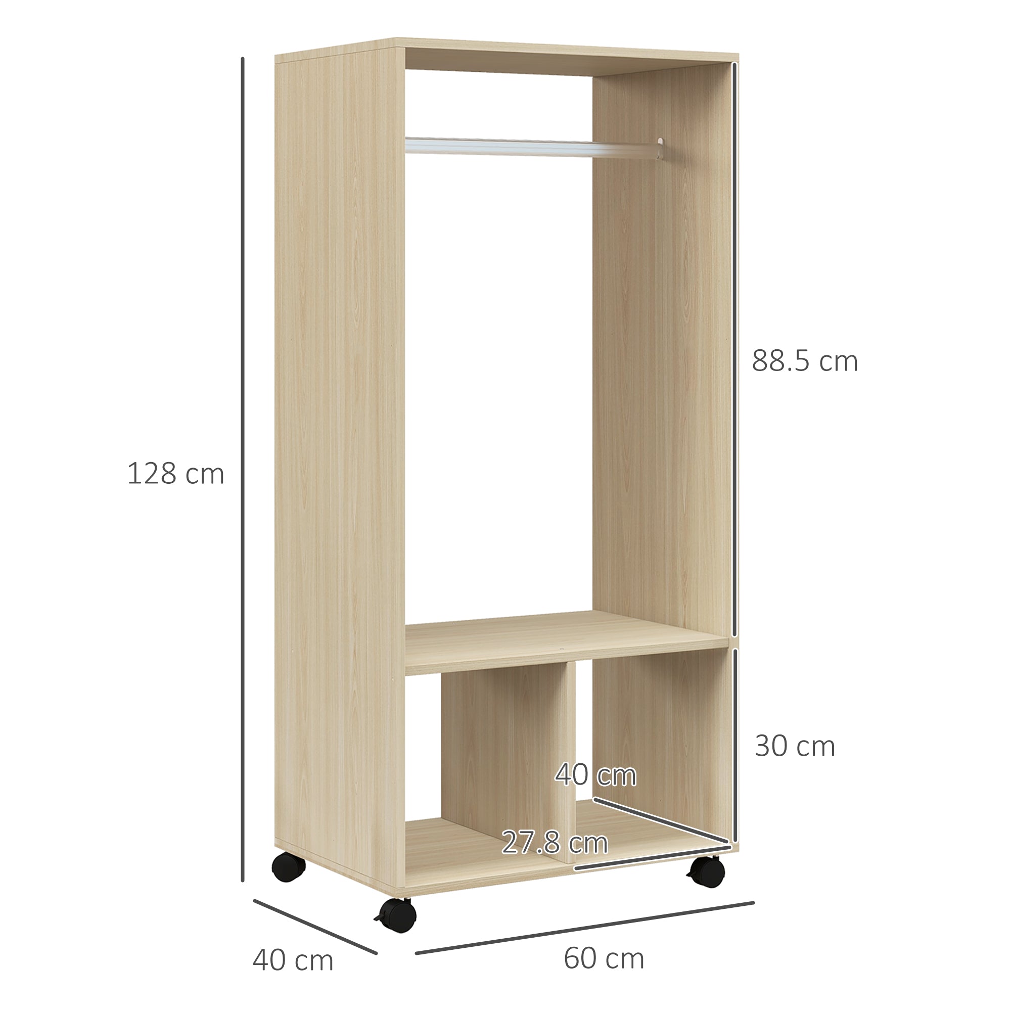 Open Wardrobe on Wheels, Bedroom Wardrobe with Clothes Hanging Rail, 2 Storage Shelves, Mobile Garment Rack for Cloakroom, Hallway, Natural