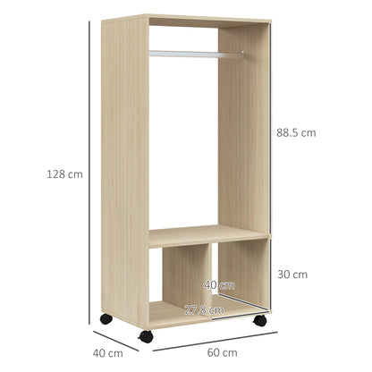 Open Wardrobe on Wheels, Bedroom Wardrobe with Clothes Hanging Rail, 2 Storage Shelves, Mobile Garment Rack for Cloakroom, Hallway, Natural