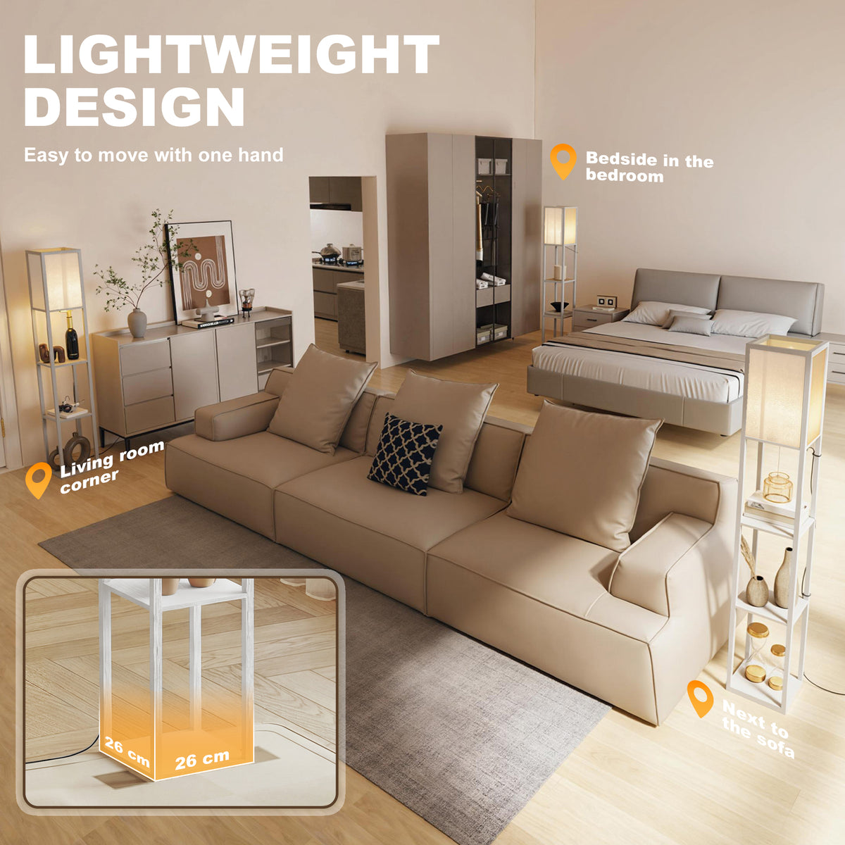 3-Tier Floor Lamp with Shelves and Storage, Modern Corner Standing Lamp with Lampshade, Reading Light with Foot Switch for Living Room, Bedroom, Home Office, Bulb not Included, White