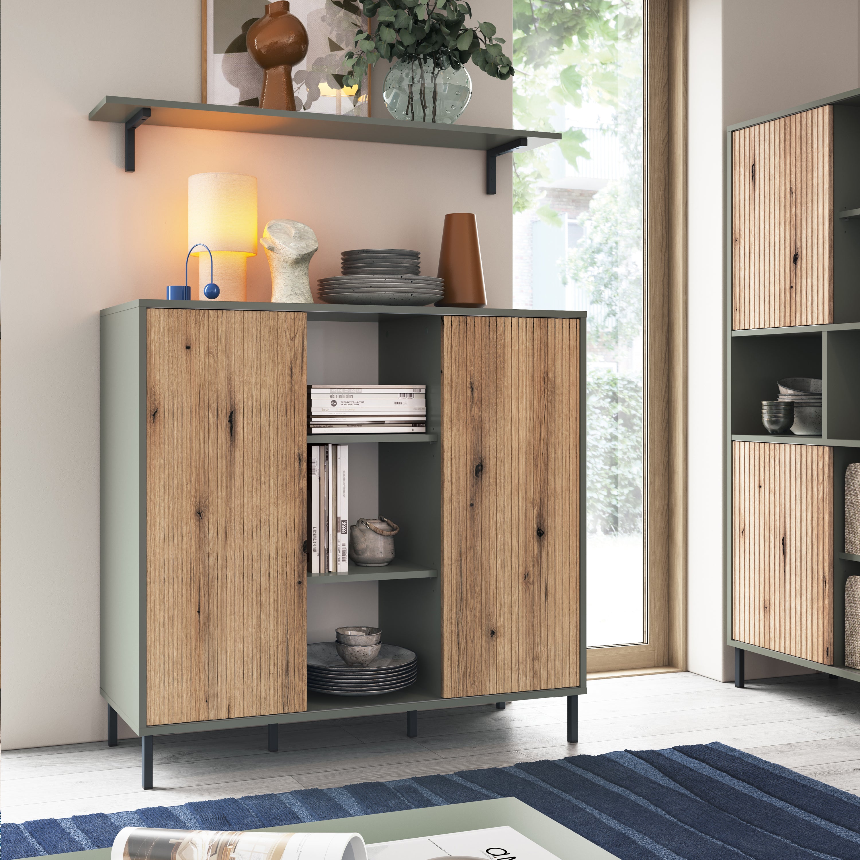 Danica Bookcase 2 Door in Green/Oak